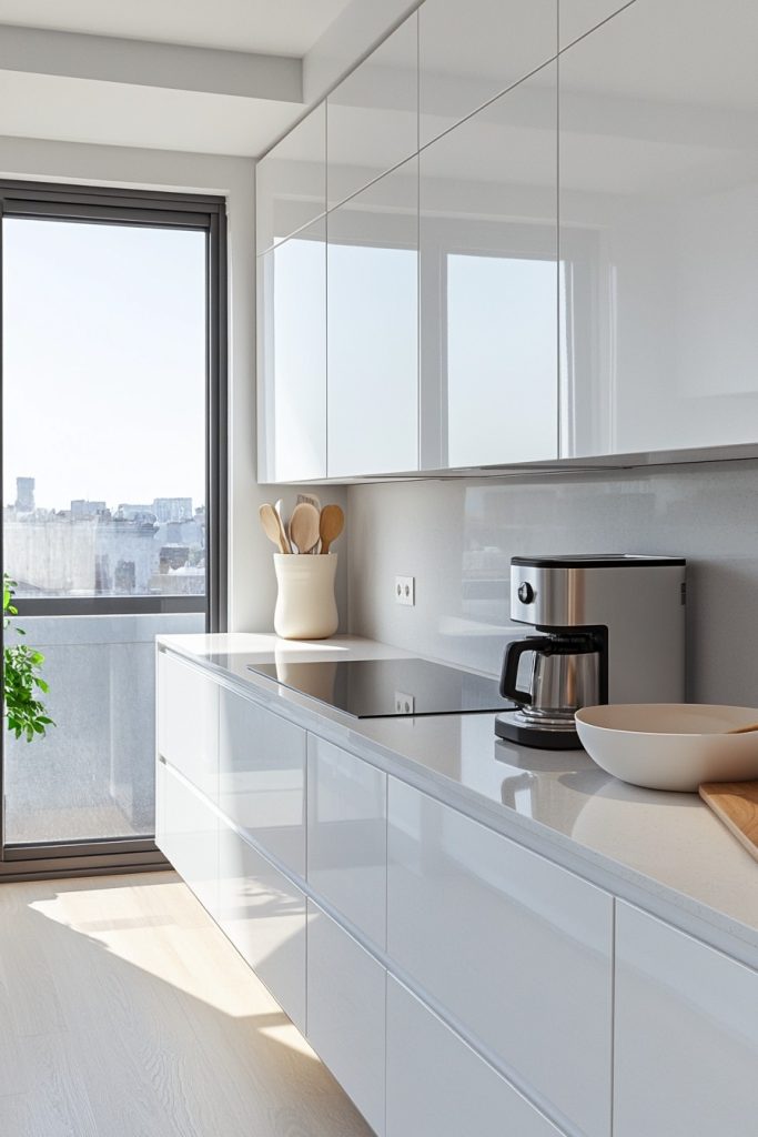 Modern kitchen with white cabinets, a coffee maker, utensils in a holder and a bowl on the counter. Large window provides natural light.