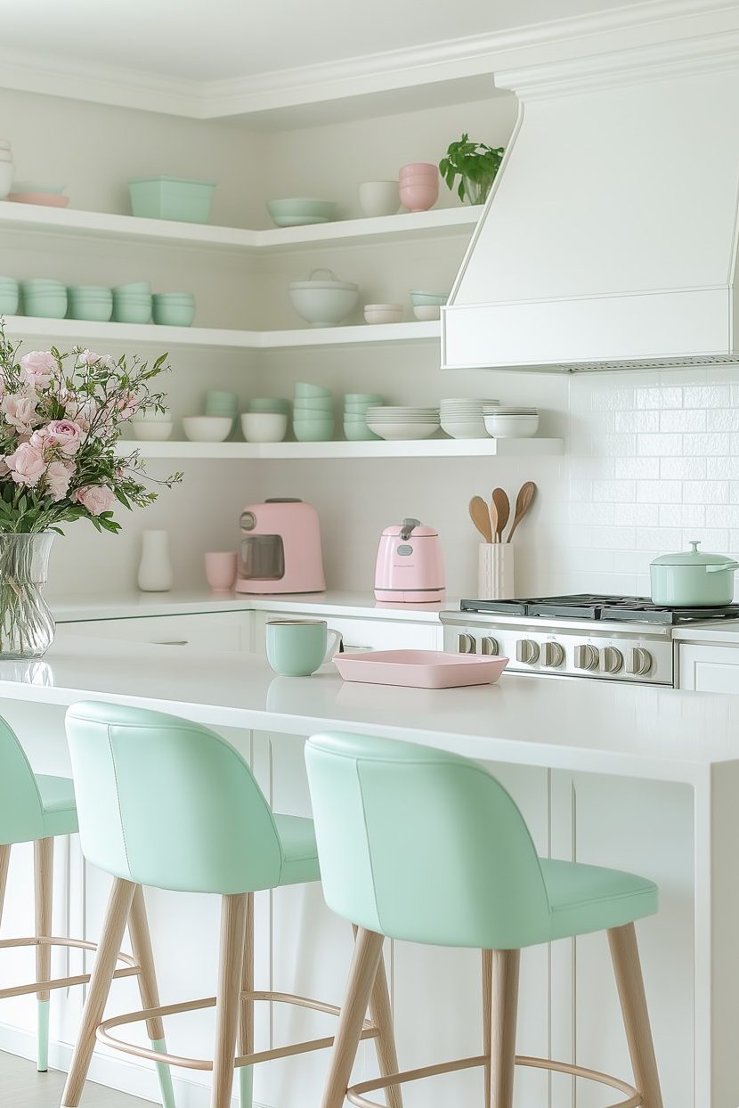 A pastel-style kitchen with mint green bar stools, white countertops, pink and green kitchen utensils and open shelves. A bouquet of flowers is placed on the counter.