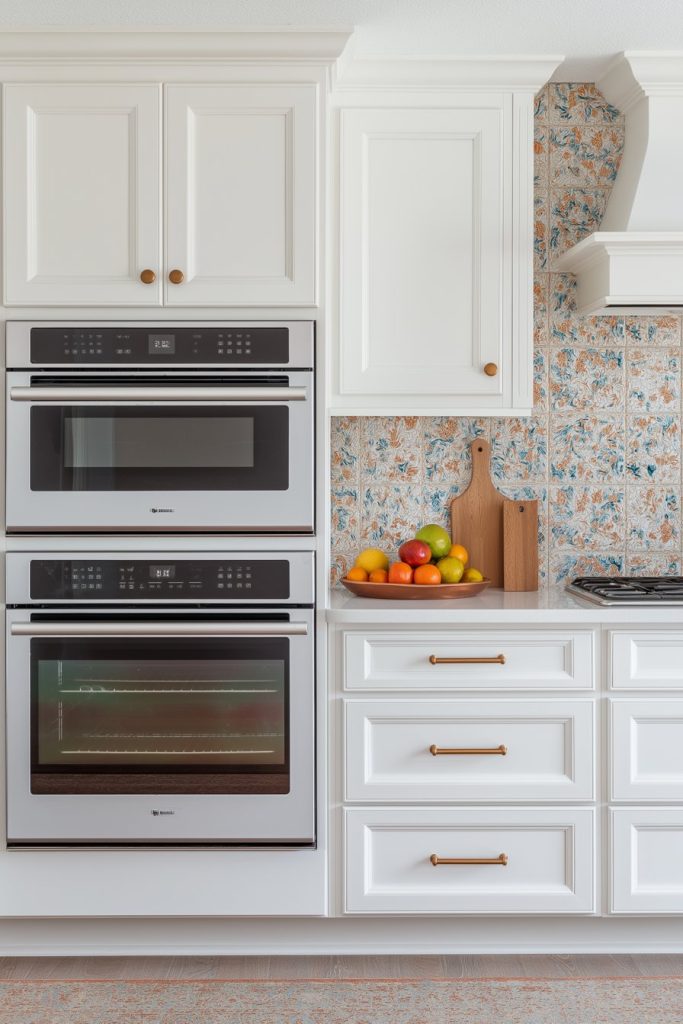 A modern kitchen with white cabinets, double ovens, a colorful fruit bowl, a cutting board and a patterned splashback.