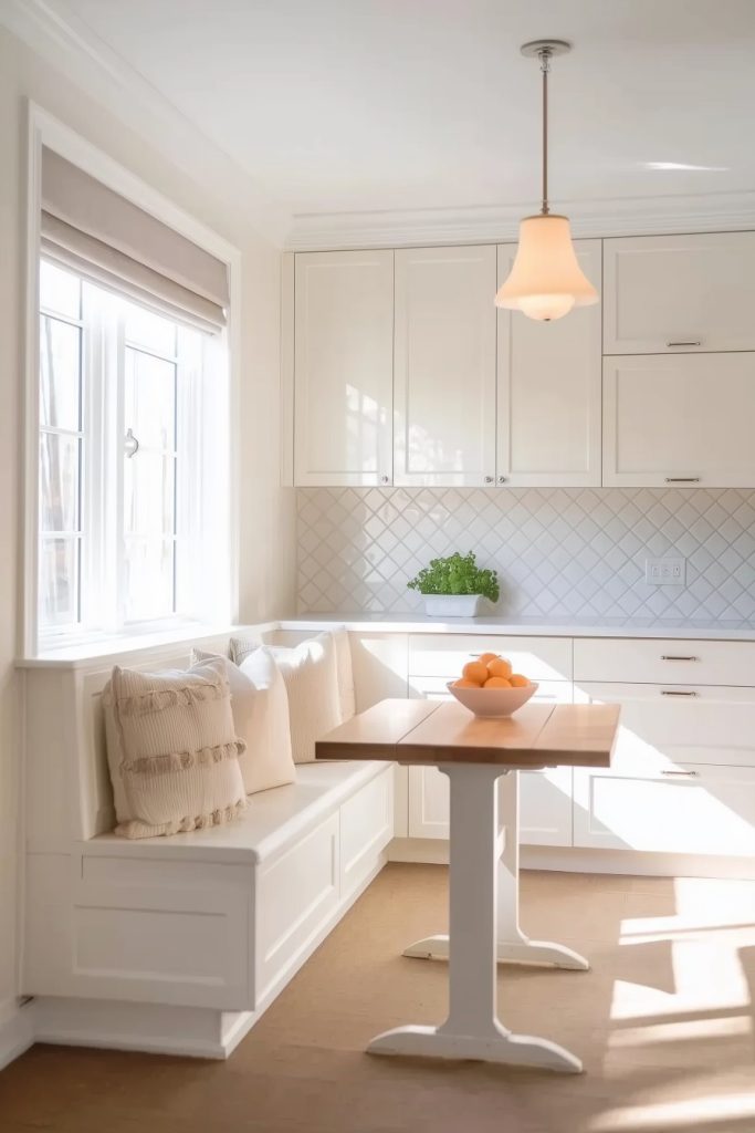 Bright kitchen corner with white bench, beige cushions, wooden table and a bowl of oranges. White cabinets and a tiled back wall are visible. Natural light streams through a window.