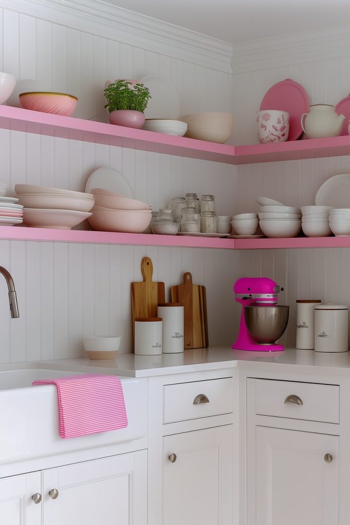 A pretty kitchen corner with pink shelves with bowls, plates, glasses and a pink mixer. White cabinets and countertops feature a striped pink towel and cutting boards.