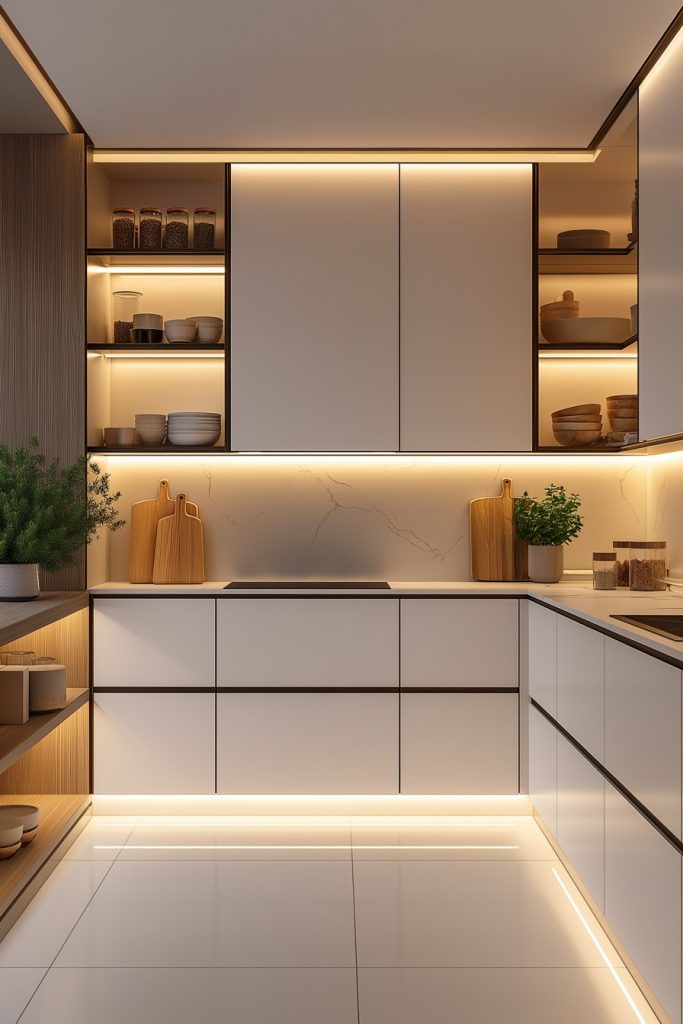 Modern kitchen with elegant white cabinets, under-cabinet lighting and open shelves with bowls and glasses. A few wooden cutting boards and green plants provide warmth.