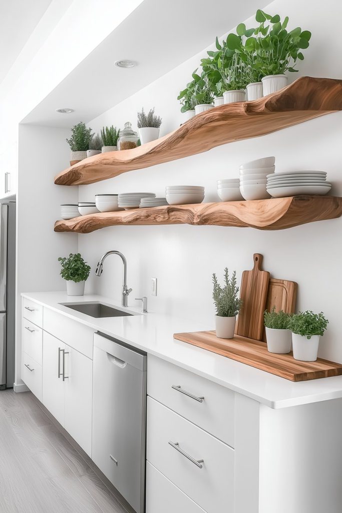 Modern kitchen with white cabinets, a stainless steel dishwasher and wooden shelves. Potted plants, dishes, and cutting boards are neatly arranged on the shelves and countertop.