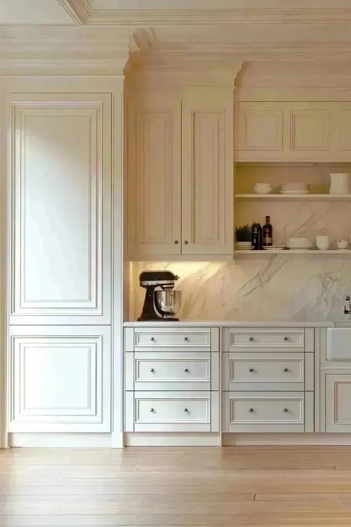 A modern kitchen with white cabinets, a marble backsplash, a countertop mixer, and hardwood floors.