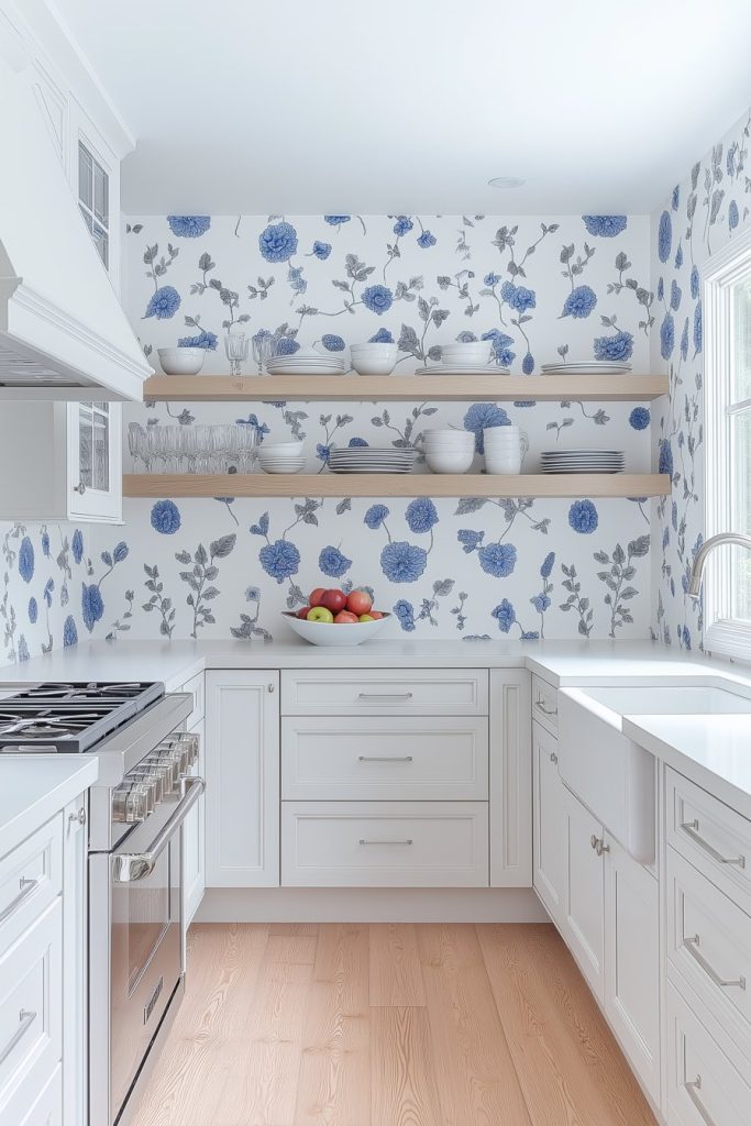 White kitchen with blue floral wallpaper, wooden shelves with dishes, a fruit bowl on the countertop, white cabinets, a stainless steel stove and a farmhouse sink.