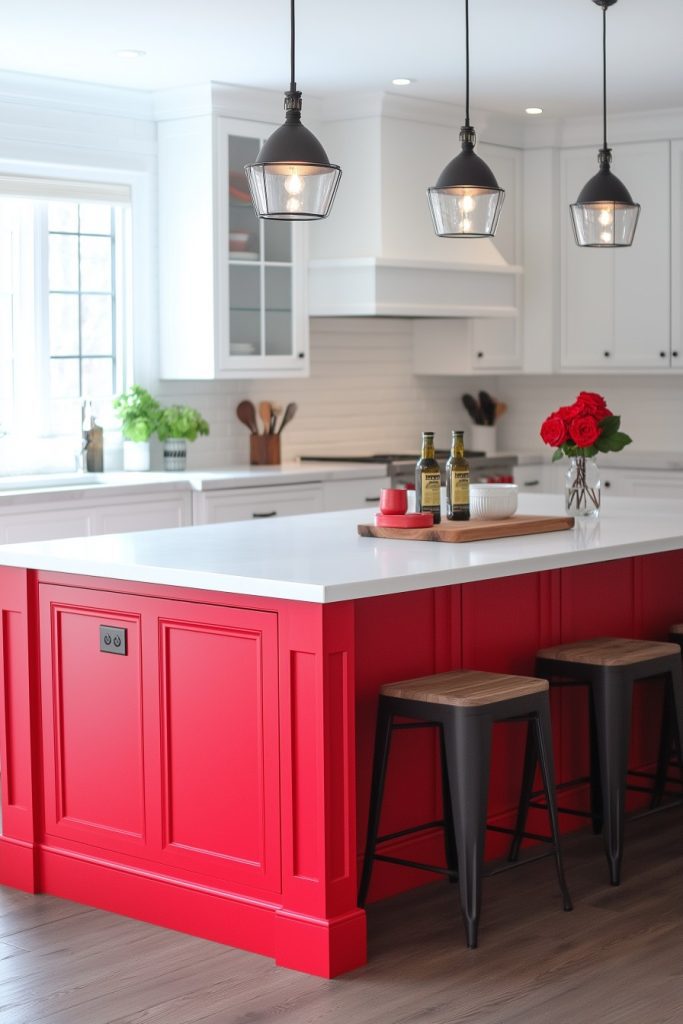 Modern kitchen with a bright red island, three pendant lights and two stools. You can see white cupboards, a large window and decorative items such as red roses and bottles.