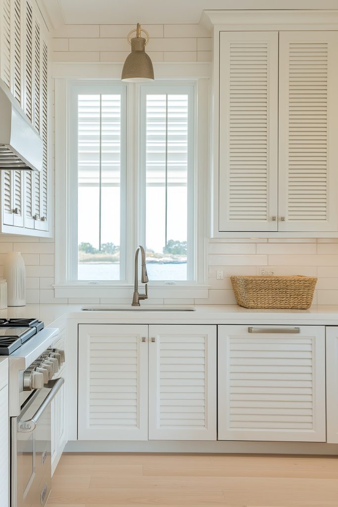 A bright kitchen with white cabinets, a modern stove and a sink beneath a shuttered window. There is a basket on the counter.