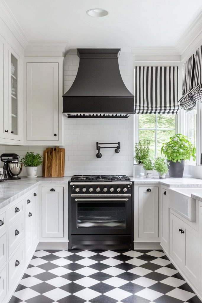 Black and white kitchen with checkered floor, black appliances, white cabinets and striped curtains. There are potted plants and a blender on the countertops.