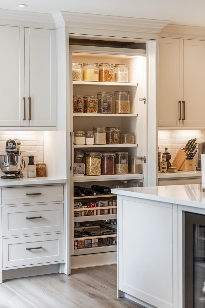 A neatly organized kitchen pantry with jars of various grains and spices on shelves. White cabinets and kitchen utensils are visible around the pantry.