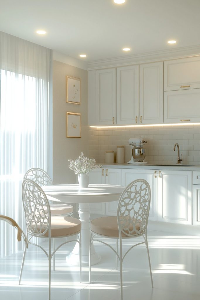 Bright white kitchen with round table, decorative chairs and built-in cupboards. Soft light illuminates a vase of flowers on the table.