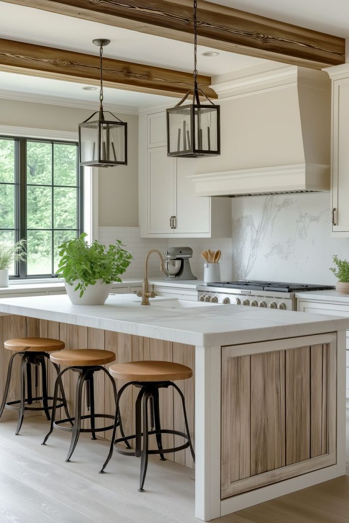 Modern kitchen with marble island, three stools, pendant lights and wooden beams. White furniture and green plants add a fresh touch.