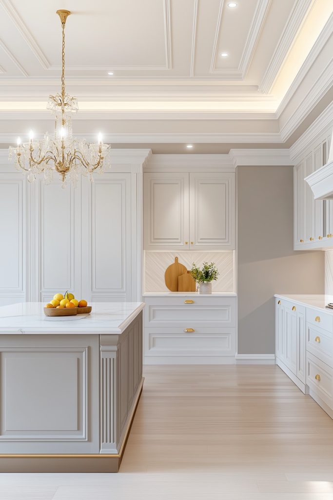 Elegant kitchen with white cabinets, a marble-topped island, and a chandelier. There is a bowl of oranges and lemons on the island; Decorative items and plants decorate the counter.