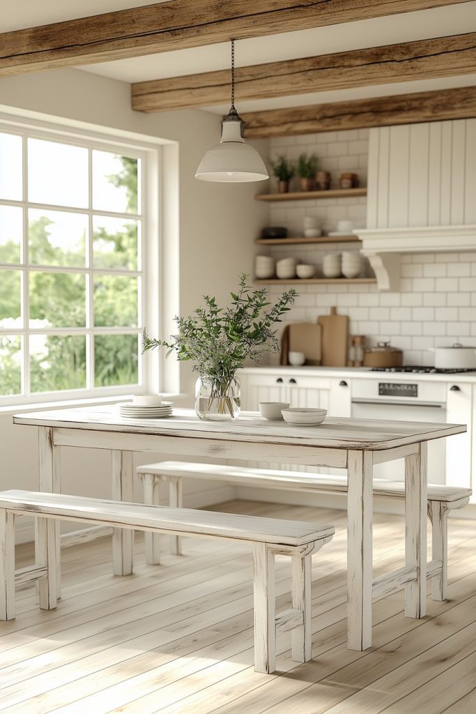 A rustic kitchen with a wooden dining table, benches and potted plants. Open shelves, white cupboards and a window with natural light complete the ambience.