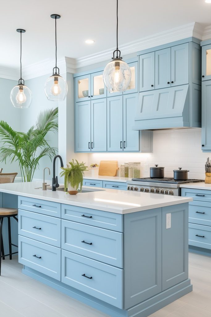 A spacious modern kitchen with pastel blue cabinets, a large island, globe pendant lights and a potted plant.