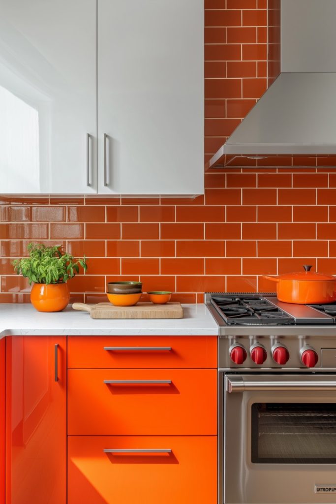 Modern kitchen with orange cabinets and backsplash, white upper cabinets, stainless steel oven and cookware. There is a plant and bowls on the white worktop.