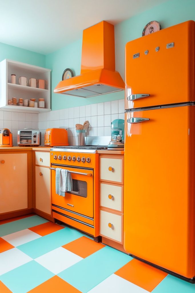 A retro-style kitchen with orange appliances, including a fridge, oven and toaster, against mint walls and checkered orange and blue floor tiles.