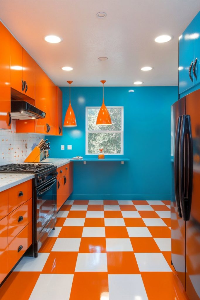 A kitchen with orange cabinets, blue walls and a checkered orange and white floor, as well as orange pendant lights, a black oven and a refrigerator.