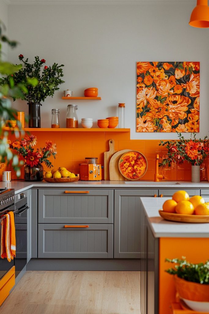 A modern kitchen with gray cabinets and orange accents. Orange bowls and vases line the shelves. A floral painting decorated with fruits and flowers hangs above the counter.