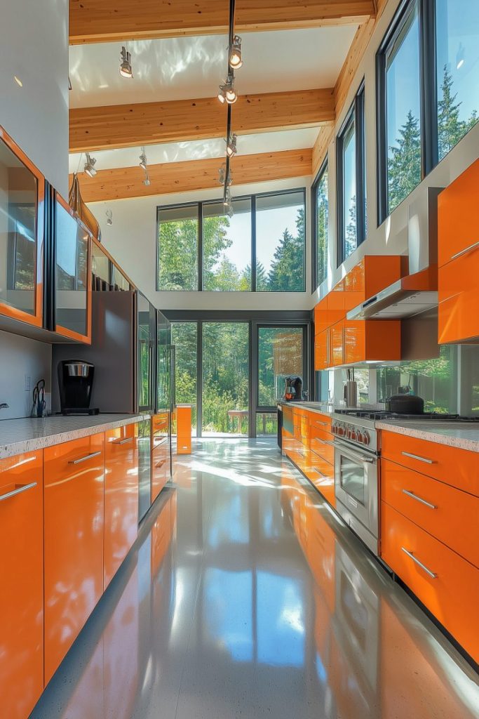 A modern kitchen with bright orange cabinets, high ceilings and large windows overlooking the forest.