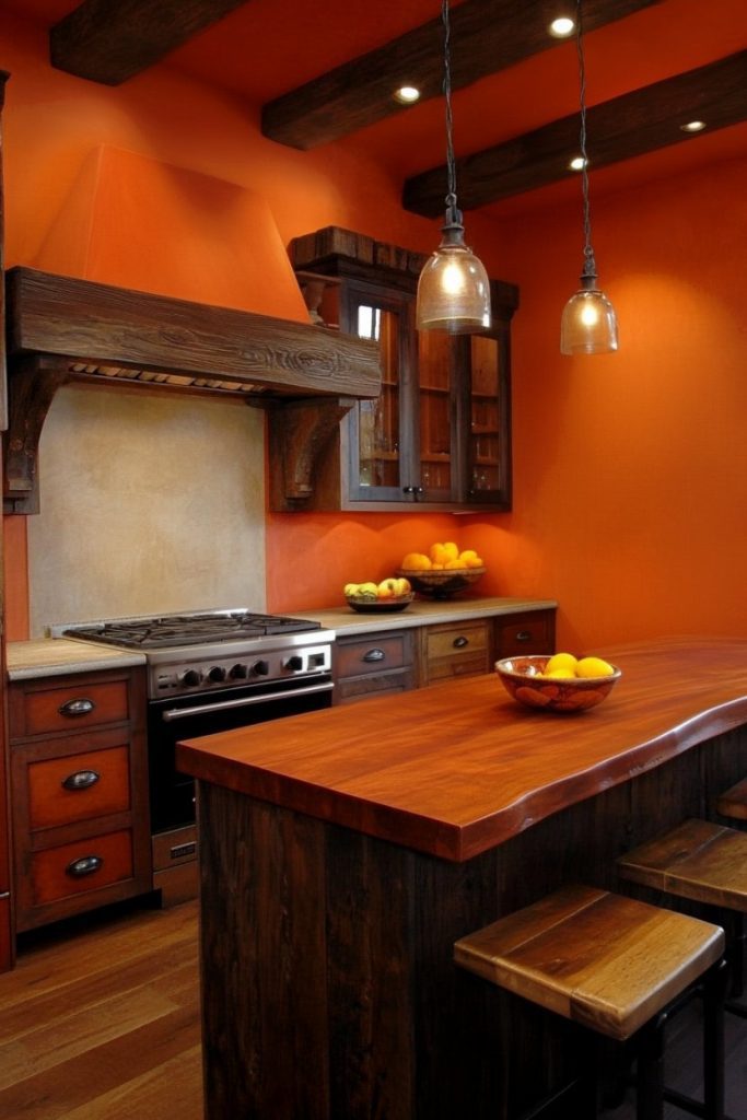 Modern kitchen with orange walls, a wooden island, hanging pendant lights and stainless steel appliances. Fruit bowls decorate the countertop and glassware is displayed in the cabinets.