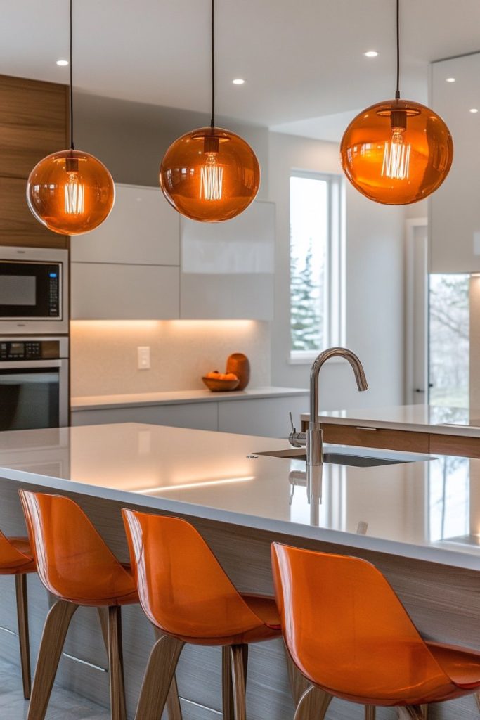 Modern kitchen with white countertop, orange pendant lights and matching orange chairs. Cabinets and a built-in oven can be seen in the background.