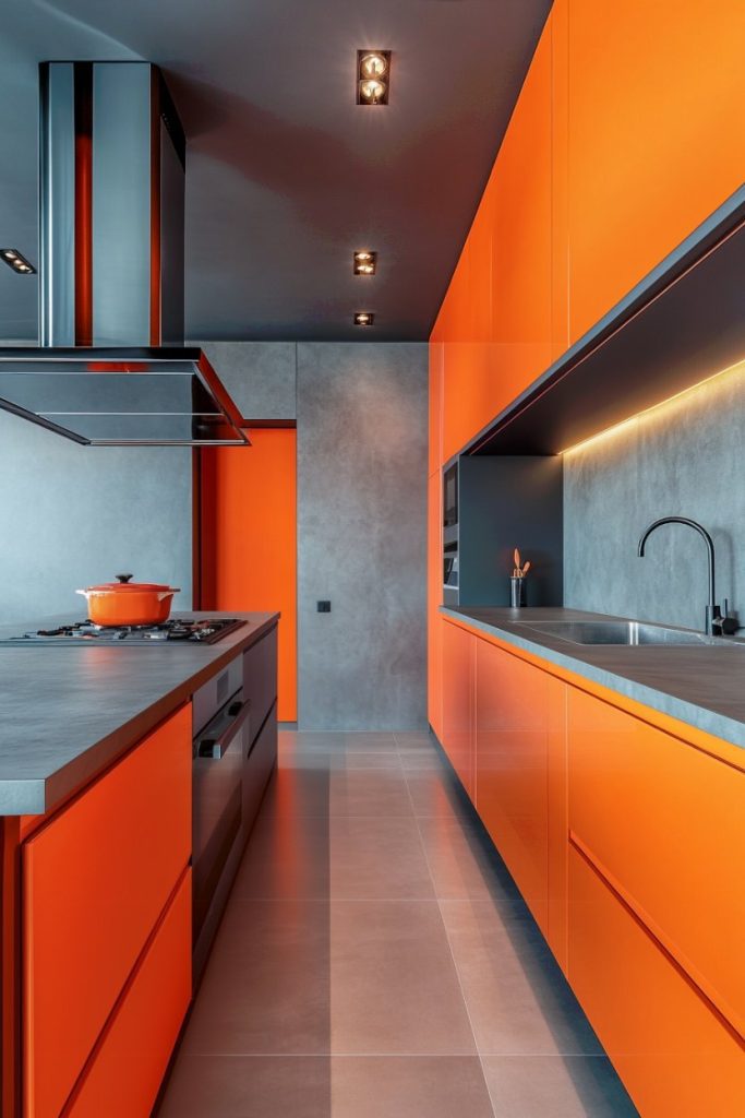 A modern kitchen with bright orange cabinets, a gray worktop, a built-in stove with an extractor hood and a sink. There is a pot on the stove.