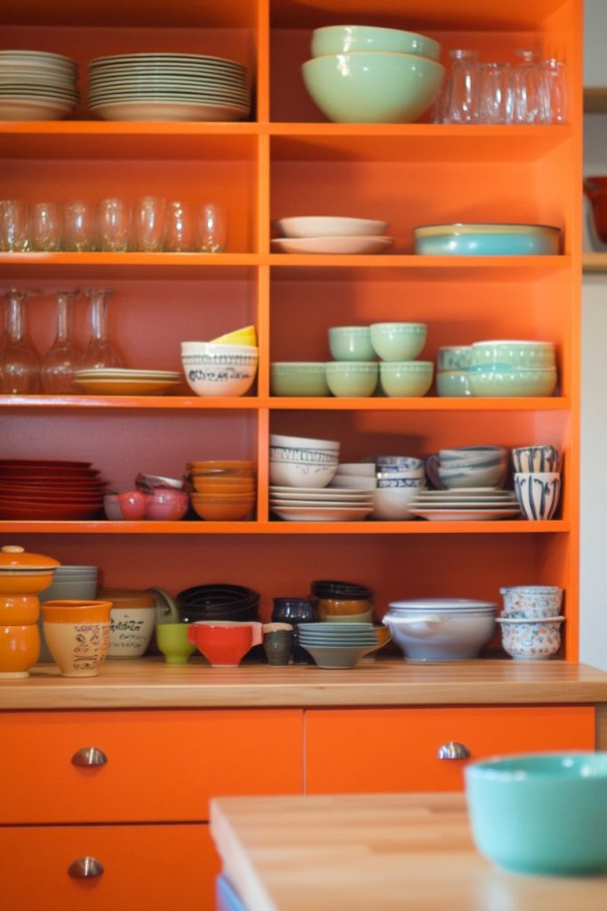 Open orange kitchen shelves filled with various bowls, plates, glasses and cups in different colors and patterns.