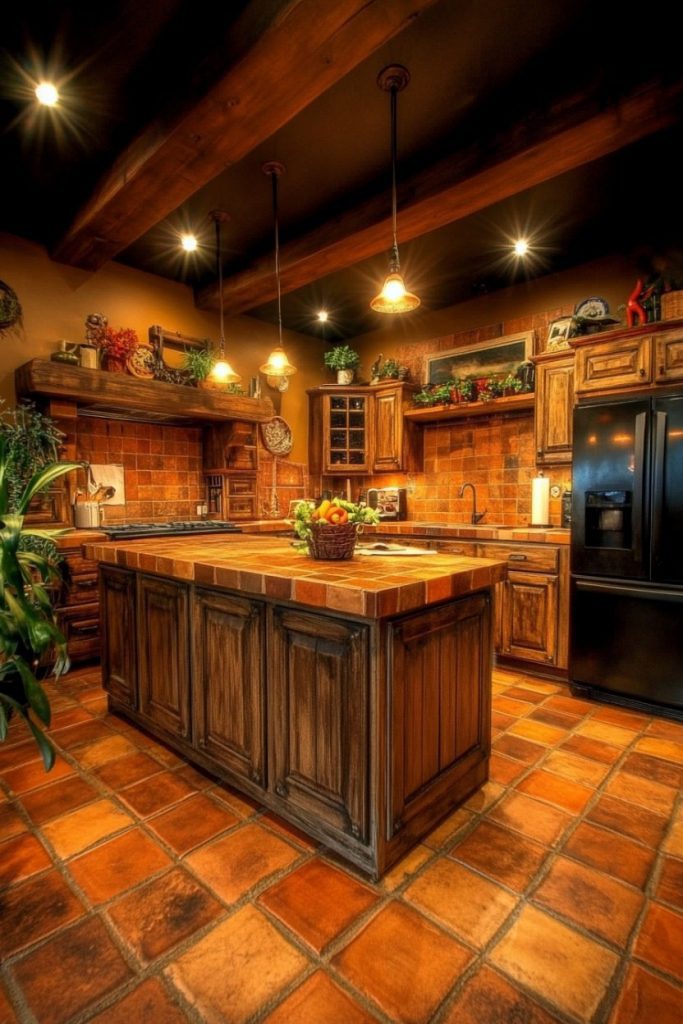 Rustic kitchen with wooden cabinets, tile floors and a central island. Warm light and decorative plants create a cozy atmosphere.