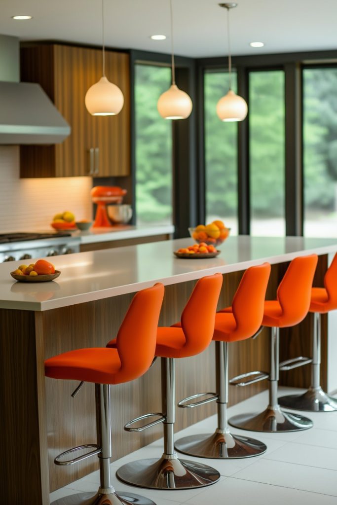 Modern kitchen with a wooden island, orange stools, pendant lights and large windows. There are fruit bowls and a blender on the countertop.