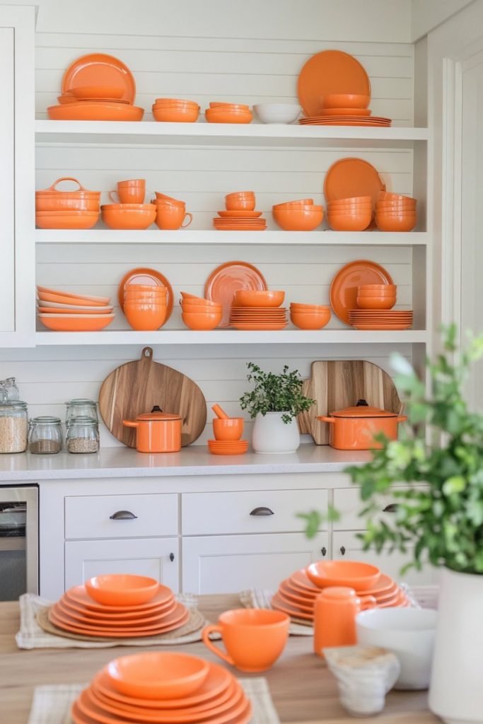 Kitchen shelves with orange tableware including plates, bowls and cups. There are wooden cutting boards and green plants on the countertop below.