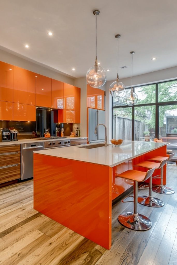 Modern kitchen with orange cabinets and island, bar stools, large windows, hardwood floors, pendant lights and stainless steel appliances.