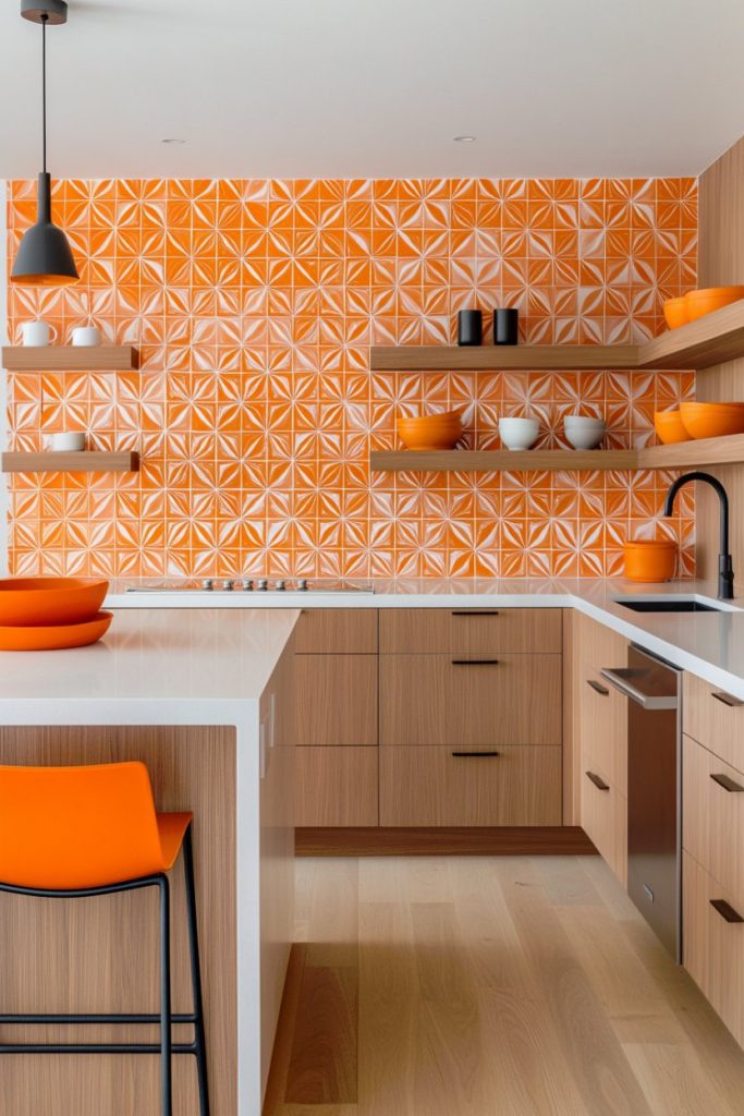 Modern kitchen with orange geometric tile backsplash, wooden cabinets, open shelves and orange bar stools. A black pendant light hangs above the island. White countertops complete the look.