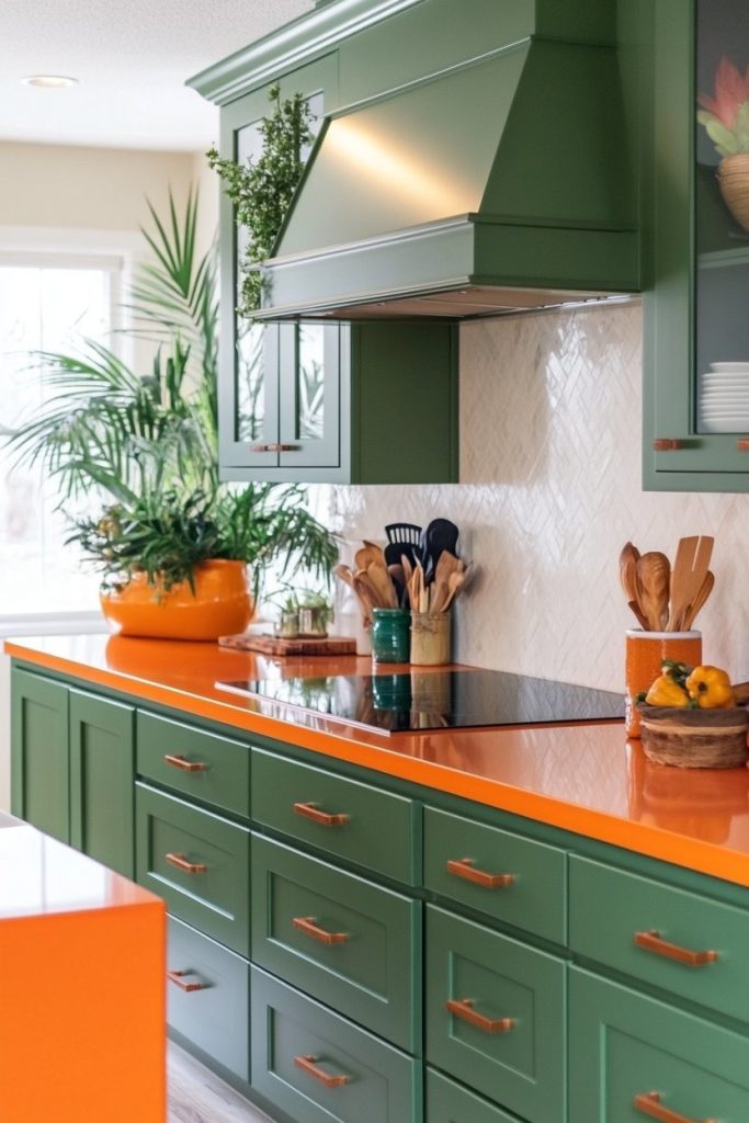 A kitchen with green cabinets, an orange countertop, a green extractor hood and a potted plant. There are wooden utensils and fruit on the counter.