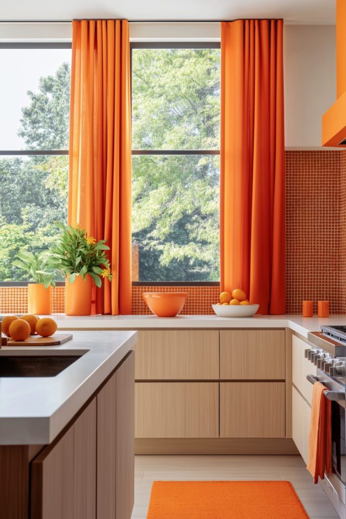 A modern kitchen with orange curtains, a fruit bowl and a potted plant on the countertop. Light wooden cabinets and an orange mosaic back wall complement the furnishings. Sunny window view of trees.