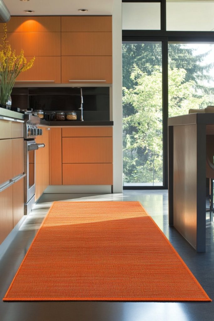 Modern kitchen with orange cabinets, a stainless steel oven and a long orange carpet. Large windows show the greenery outside.