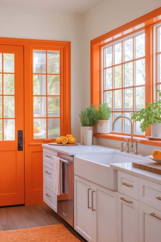 A bright kitchen with orange doors and window trim. White cabinets, a farmhouse sink, and potted plants decorate the space. Sunlight filters through the windows and illuminates the oranges on the counter.