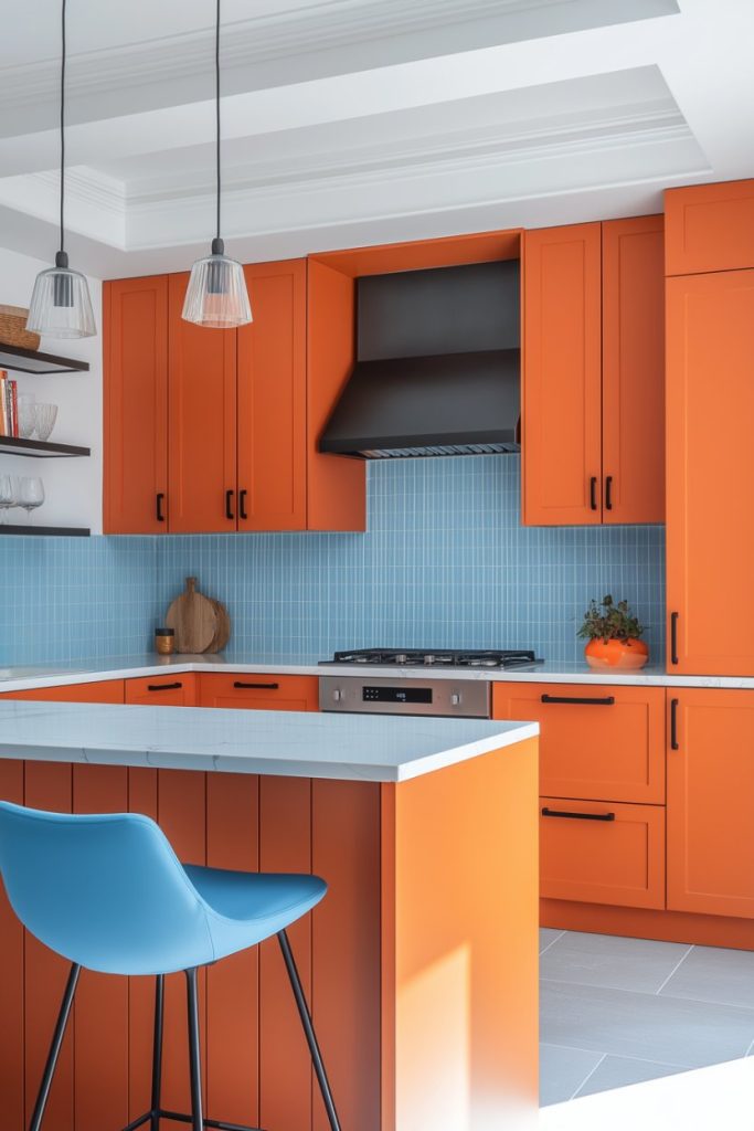 A modern kitchen with orange cabinets, blue tile backsplash and a black extractor hood. A single blue chair sits on the island. Pendant lights hang from the ceiling.