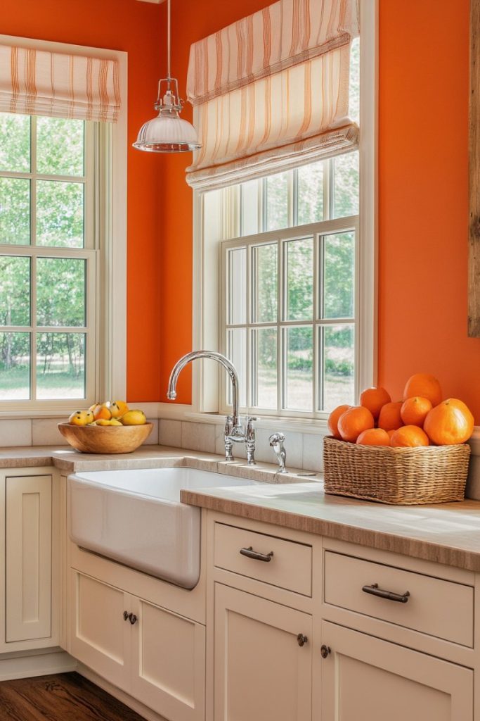 A bright kitchen with orange walls, a farmhouse sink, white cabinets, and a window with striped blinds. There is a bowl of bananas and a basket of oranges on the counter.