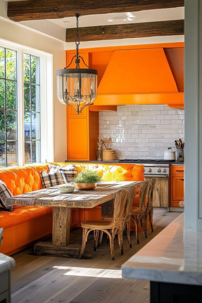 A rustic kitchen with an orange seating area, a wooden table and chairs, an orange extractor hood and a pendant light. Bright window and white subway tile backsplash. Plant centerpiece on the table.