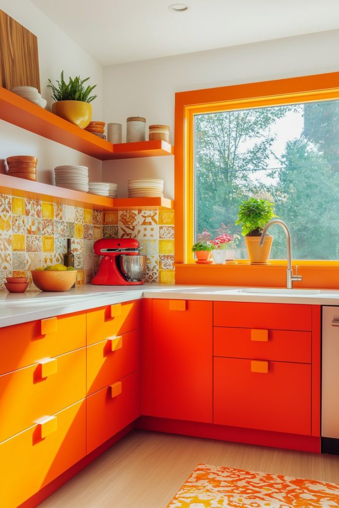 A vibrant kitchen with orange cabinets and window views. Shelves provide space for dishes and plants. There is a red fitting on the counter and the back wall is decorated with floral tiles.