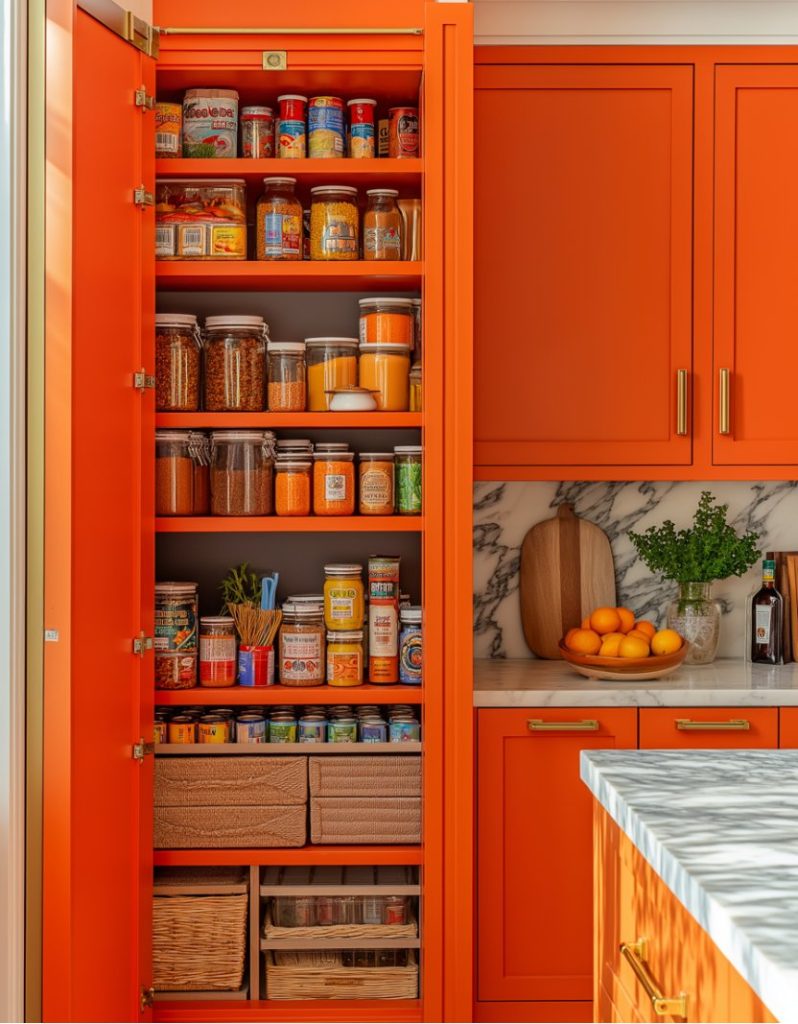 An open orange pantry cupboard filled with various jars and cans. Next to it, on a marble worktop, there is a cutting board, a bunch of herbs and a bowl of oranges.