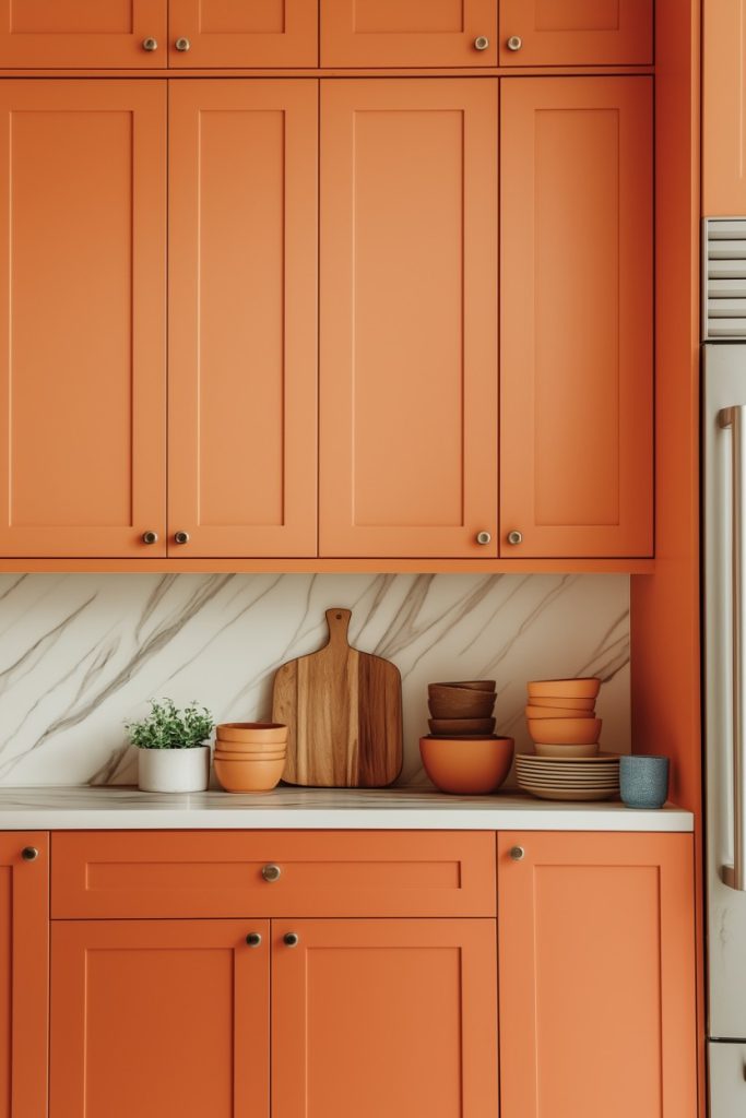 A modern kitchen with orange cabinets, a marble backsplash and a silver refrigerator. There are stacked bowls, a cutting board and a potted plant on the countertop.