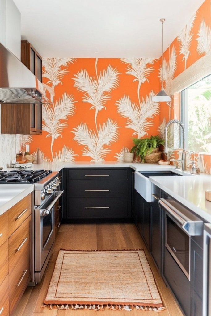 Kitchen with orange palm tree pattern wallpaper, dark cabinets, stainless steel appliances, a white countertop, and a woven rug on a hardwood floor.