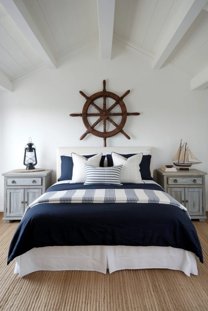 Nautical-themed bedroom, with a steering wheel above the bed, blue and white bedding, a sailboat model and lanterns on gray bedside tables. White walls and beamed ceiling.