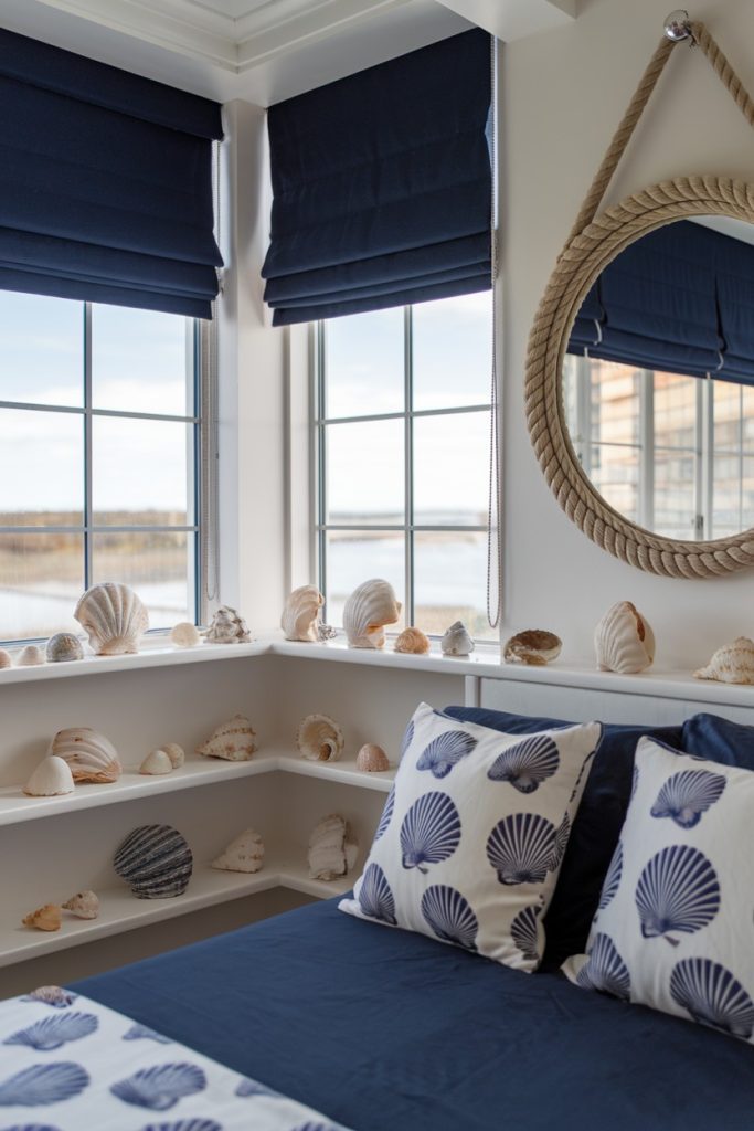 A coastal-themed bedroom features blue bedding with shell-patterned pillows, shelves with various seashells, and windows in shades of blue. A round mirror hangs on the wall.