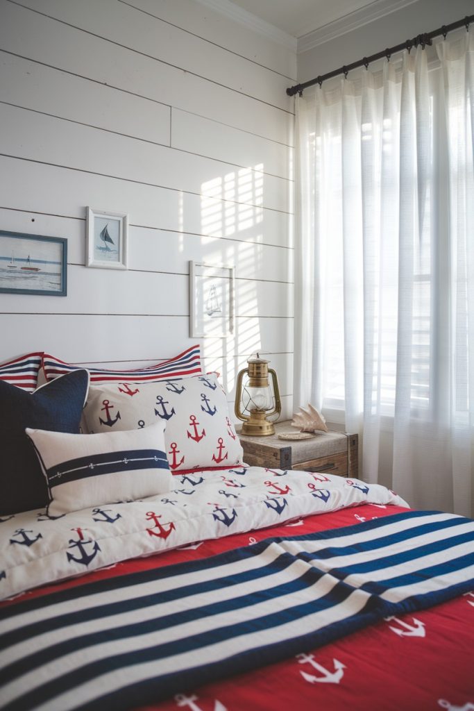 Nautical-themed bedroom with anchor-patterned bedding, a brass lantern, framed sailboat pictures and white overlapping walls. Bright sunlight penetrates through transparent curtains.