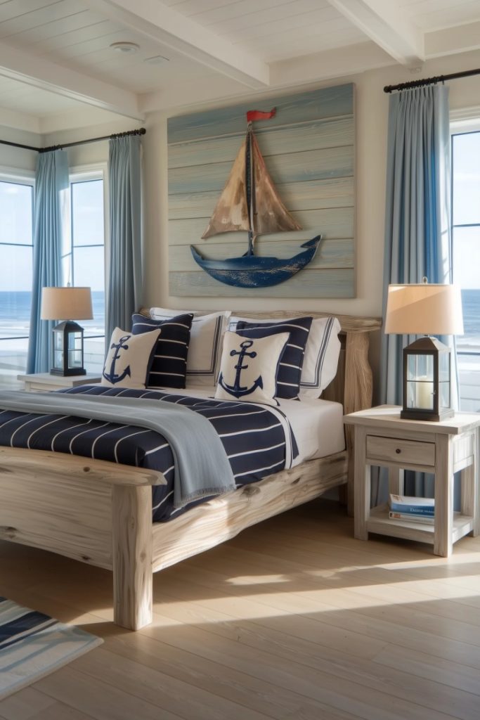 Coastal-themed bedroom with nautical decor, a bed with anchor pillows, sailboat <a href=