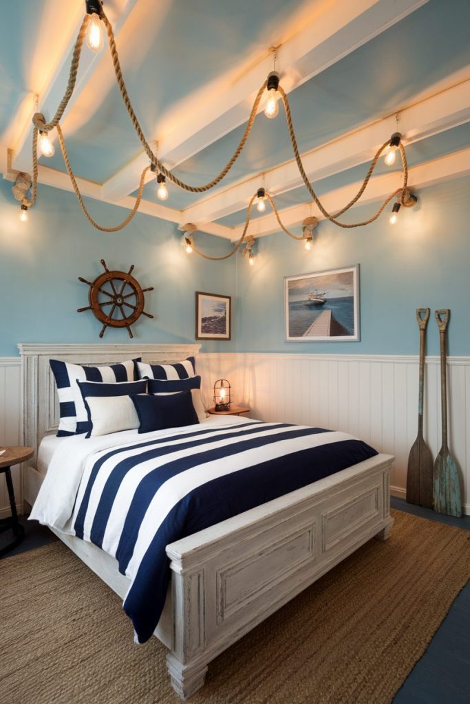 Nautical-themed bedroom with striped bedspread, rope lighting, steering wheel, framed boat pictures, wooden oars and a beige carpet.