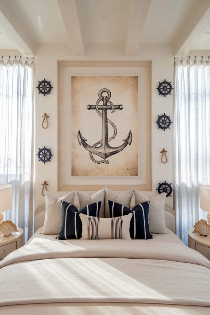 Bedroom with nautical decor, an anchor artwork above the bed, striped pillows, seashell lamps and ship's wheel accents on the walls.