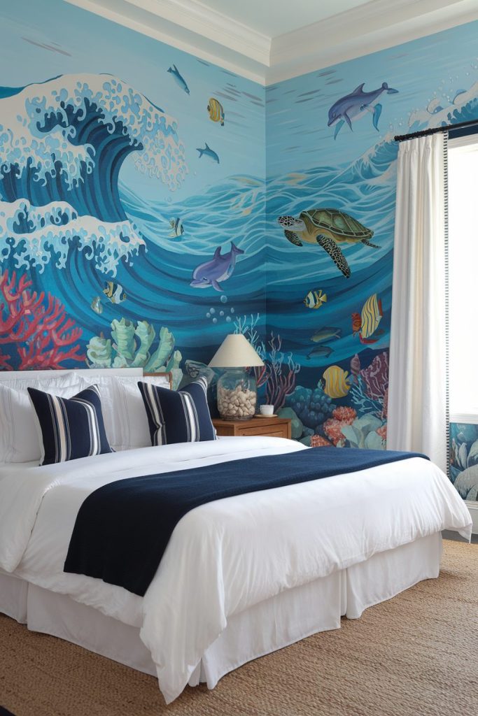 Bedroom with ocean-themed mural, white linens and a navy blanket. Lamp and decorative vase on a side table next to the bed.